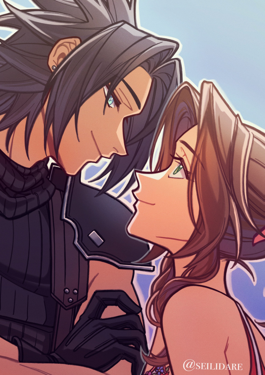 1boy 1girl absurdres aerith_gainsborough armor bare_shoulders black_gloves black_hair blue_eyes brown_hair close-up closed_mouth commentary couple crisis_core_final_fantasy_vii crossed_arms dress earrings english_commentary eye_contact final_fantasy final_fantasy_vii from_side gloves gradient_background green_eyes hair_ribbon height_difference hetero highres jewelry long_hair looking_at_another parted_bangs pink_ribbon profile ribbed_sweater ribbon seilidare shoulder_armor sidelocks sleeveless sleeveless_dress sleeveless_turtleneck smile spaghetti_strap spiky_hair stud_earrings suspenders sweater turtleneck turtleneck_sweater twitter_username upper_body zack_fair