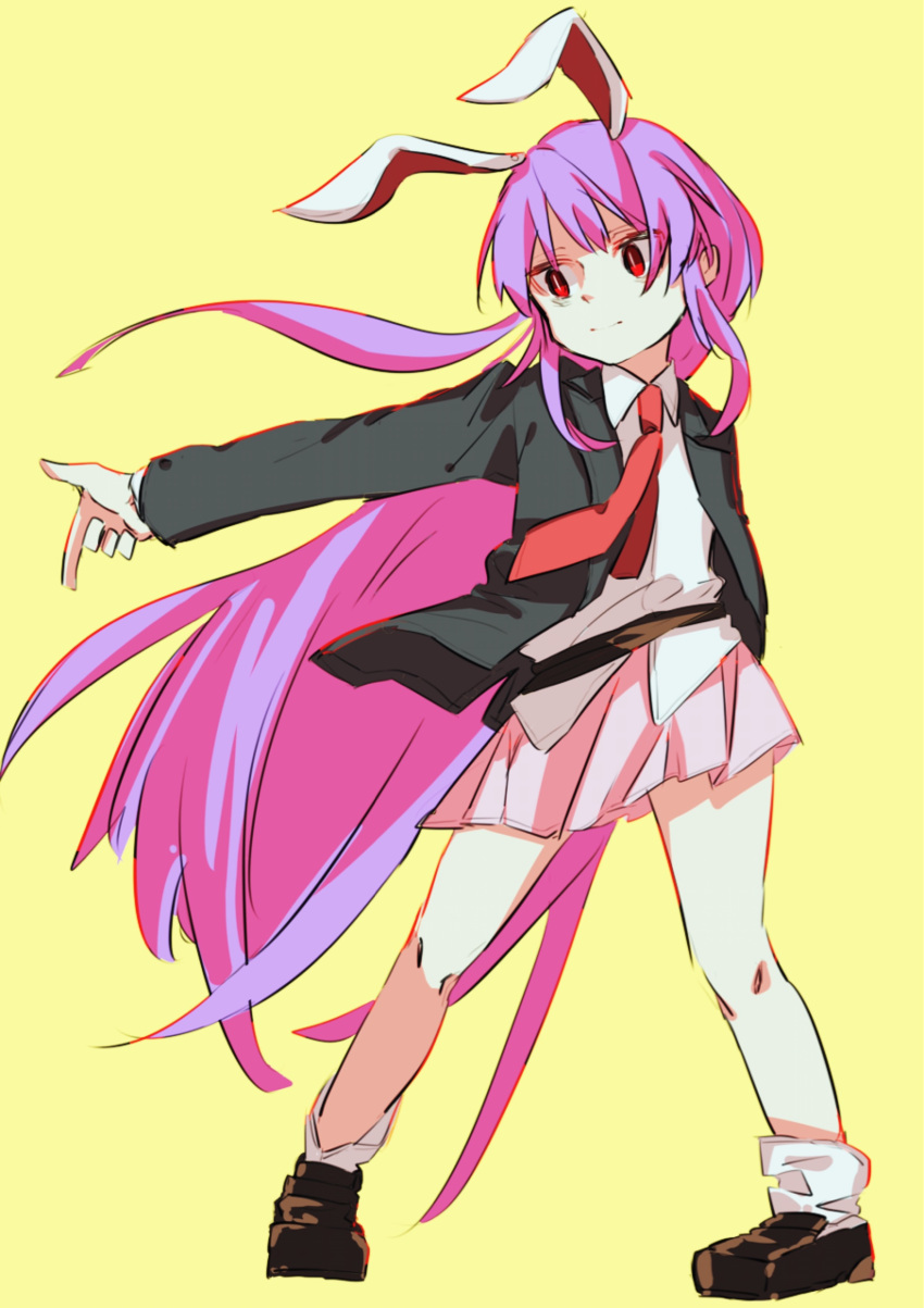 1girl absurdres animal_ears black_footwear black_jacket collared_shirt highres jacket long_hair long_sleeves loose_socks necktie open_clothes open_jacket outstretched_arm pink_skirt pleated_skirt pointing purple_hair rabbit_ears rabbit_girl red_eyes red_necktie reisen_udongein_inaba shaded_face shirt simple_background skirt sleeves_past_wrists so_happy_64 socks touhou very_long_hair waistband white_fur white_shirt white_socks yellow_background