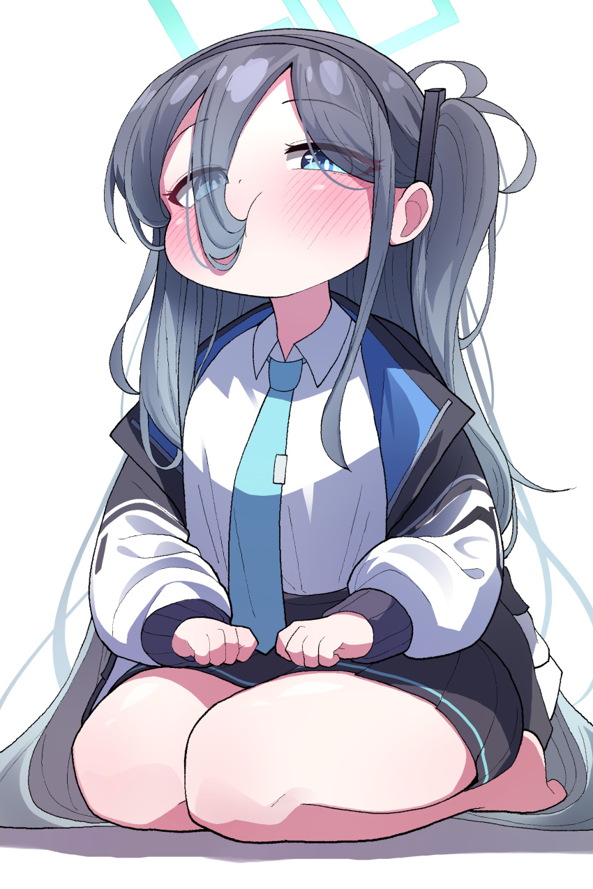 1girl :t absurdres aris_(blue_archive) barefoot black_hair black_hairband blue_archive blue_eyes blush collared_shirt commission eating_hair hair_in_own_mouth hairband halo highres hourglass_02 long_hair long_sleeves looking_at_viewer necktie one_side_up open_clothes pleated_skirt shirt simple_background sitting skirt solo very_long_hair white_background white_shirt