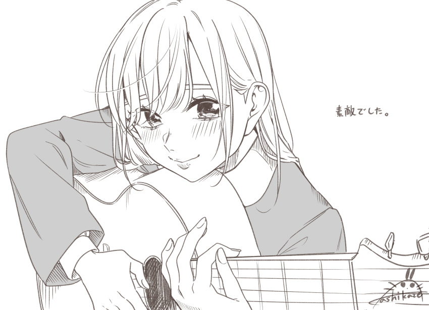 1girl absurdres blush closed_mouth commentary greyscale guitar hair_behind_ear hair_between_eyes highres holding holding_guitar holding_instrument instrument kashikaze long_sleeves looking_at_viewer love_live! love_live!_superstar!! monochrome shibuya_kanon sidelocks signature simple_background smile solo translation_request upper_body