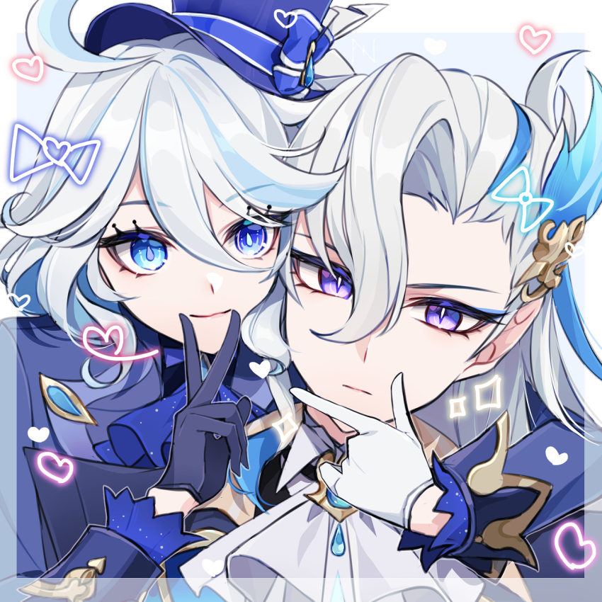 1boy 1girl ahoge ascot asymmetrical_gloves blue_ascot blue_brooch blue_eyes blue_hair blue_headwear blue_jacket closed_mouth feather_hair_ornament feathers furina_(genshin_impact) genshin_impact gloves hair_between_eyes hair_ornament hat highres jacket light_blue_hair long_hair looking_at_viewer mismatched_gloves multicolored_hair nagano_ayu neuvillette_(genshin_impact) short_hair sidelocks smile streaked_hair top_hat two-tone_hair upper_body v violet_eyes white_ascot white_hair