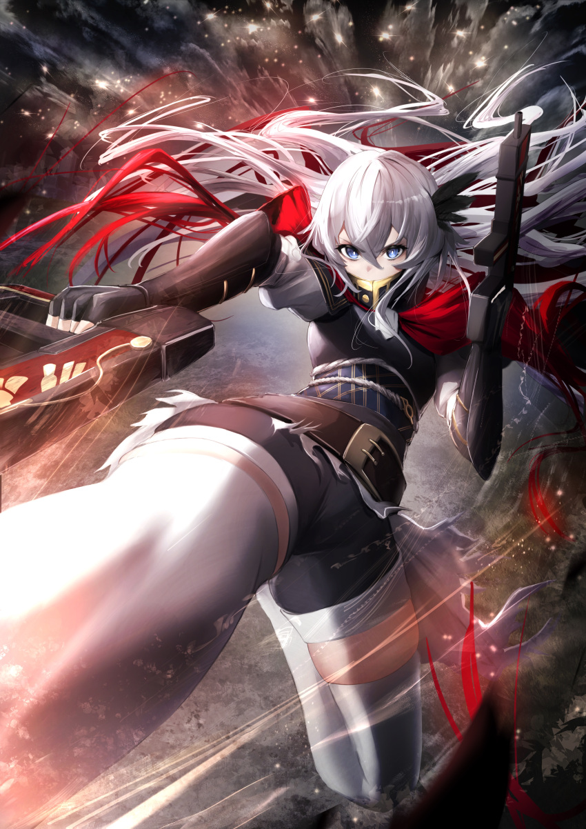 1girl absurdres belt black_shorts blue_eyes bright_pupils cape dual_wielding fate/grand_order fate_(series) feather_hair_ornament feathers fingerless_gloves gloves grey_hair gun hair_ornament high_collar highres hinamayo holding holding_gun holding_weapon long_hair red_cape saika_magoichi_(fate) shorts thigh-highs weapon white_pupils white_thighhighs