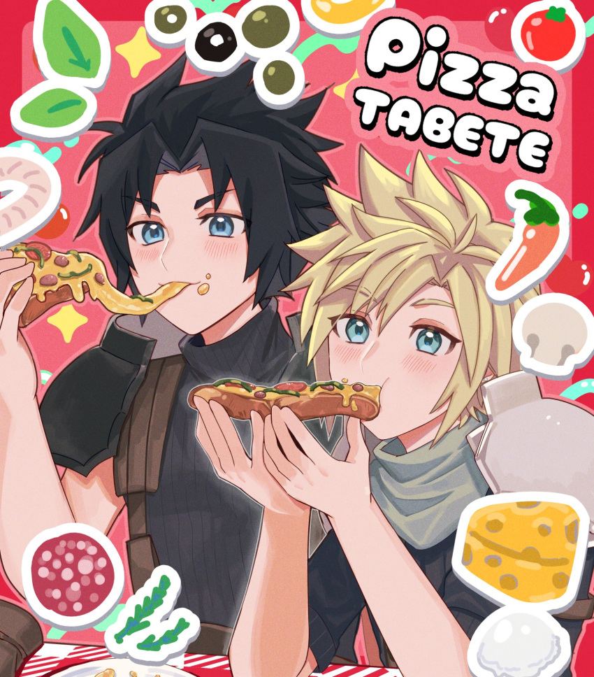 2boys :3 armor belt black_hair black_shirt blonde_hair blue_eyes cheese cloud_strife commentary crisis_core_final_fantasy_vii eating elbows_on_table final_fantasy final_fantasy_vii food food_in_mouth food_on_face green_scarf hand_up herb highres hityandayo holding holding_food holding_pizza leaf leather_belt male_focus multiple_boys mushroom olive parted_bangs pauldrons pizza pizza_slice potato red_background sausage scarf shirt short_hair shoulder_armor sitting sleeveless sleeveless_turtleneck smile sparkle spiky_hair striped_tablecloth suspenders table tablecloth turtleneck upper_body zack_fair