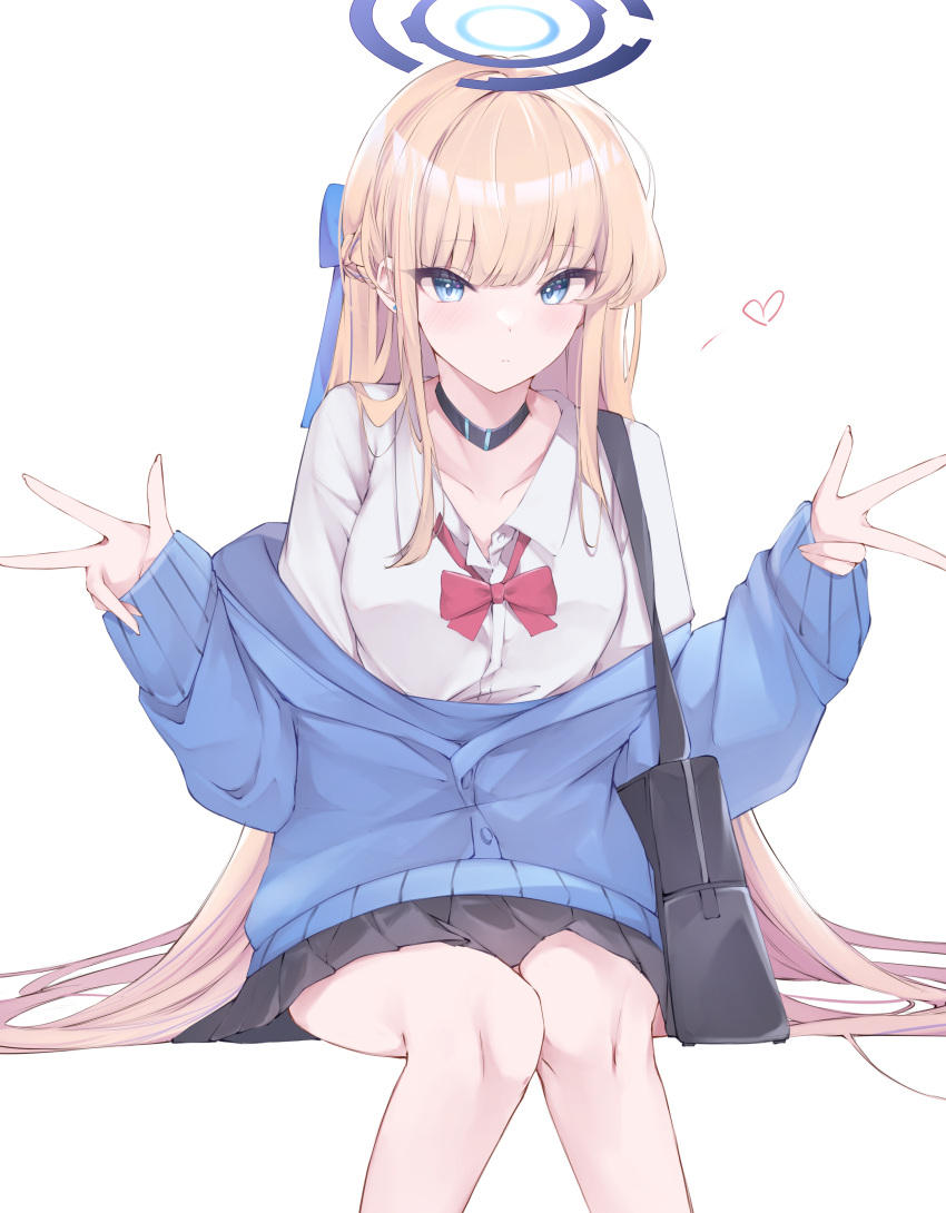 1girl absurdres bag black_choker black_skirt blonde_hair blue_archive blue_cardigan blue_eyes blue_halo blush bow bowtie breasts cardigan choker closed_mouth collared_shirt commentary double_v feet_out_of_frame halo highres hojiro_same long_hair long_sleeves looking_at_viewer medium_breasts pleated_skirt red_bow red_bowtie school_bag shirt simple_background skirt solo toki_(blue_archive) v white_background white_shirt