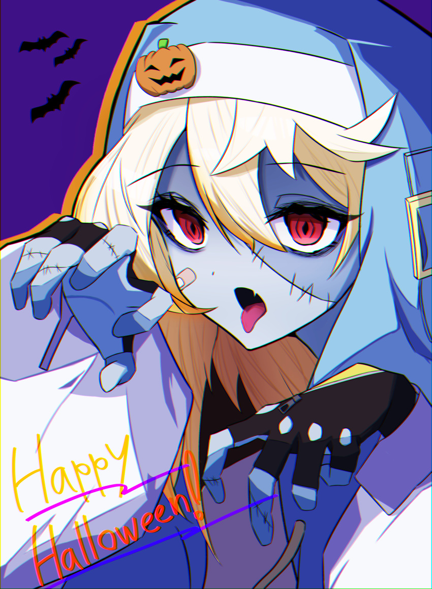1girl :p absurdres bat_(animal) black_gloves blonde_hair blue_skin bridget_(guilty_gear) colored_skin female_focus fingerless_gloves gloves grey_skin guilty_gear guilty_gear_strive habit hair_ornament happy_halloween highres hood hood_up hooded_jacket hoodie jack-o'-lantern jack-o'-lantern_hair_ornament jacket long_sleeves looking_at_viewer medium_hair multicolored_skin open_clothes open_hoodie open_mouth outstretched_arms patchwork_skin puffy_long_sleeves puffy_sleeves purple_background red_eyes stitched_face stitches tobari_007 tongue tongue_out two-tone_skin zombie zombie_pose