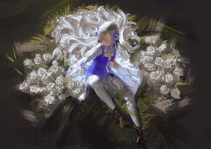 1girl absurdres arm_support black_footwear blue_eyes circle_skirt closed_mouth commentary_request curly_hair dress flower from_above full_body gradient_dress hair_flower hair_ornament hair_over_one_eye highres isekai_joucho juliet_sleeves kamitsubaki_studio long_hair long_sleeves looking_at_viewer looking_up multicolored_hair on_grass one_eye_covered pantyhose puffy_sleeves purple_dress purple_flower purple_hair rose shrug_(clothing) sitting smile solo streaked_hair suzukasuraimu twitter_username very_long_hair virtual_youtuber white_dress white_flower white_hair white_pantyhose white_rose white_sleeves