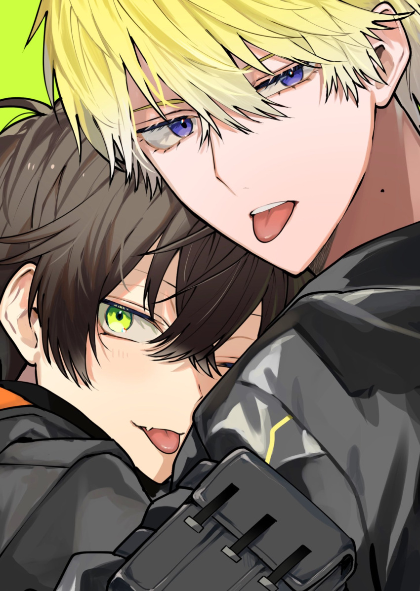 2boys ;p alban_knox arm_pouch black_jacket blonde_hair blush brown_hair closed_mouth commentary_request crossed_bangs fang green_background green_eyes hair_between_eyes highres jacket looking_at_viewer looking_to_the_side male_focus mole mole_on_neck multiple_boys nijisanji nijisanji_en one_eye_closed open_mouth pouch roro_(roro32b) short_hair simple_background skin_fang sonny_brisko teeth tongue tongue_out upper_body upper_teeth_only violet_eyes virtual_youtuber yaoi