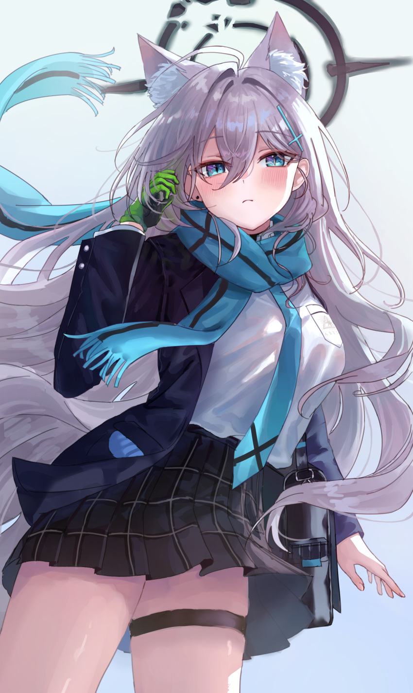1girl absurdres ahoge animal_ear_fluff animal_ears bag black_bag black_halo blue_archive blue_eyes blue_jacket blue_scarf blush breasts closed_mouth cowboy_shot earrings english_commentary gloves green_gloves grey_hair halo hand_up highres jacket jewelry long_hair long_sleeves looking_at_viewer lunel medium_breasts mismatched_pupils open_clothes open_jacket plaid plaid_skirt pleated_skirt scarf school_bag school_uniform shiroko_(blue_archive) shiroko_terror_(blue_archive) shirt simple_background single_glove skirt solo stud_earrings thigh_strap white_background white_shirt wolf_ears