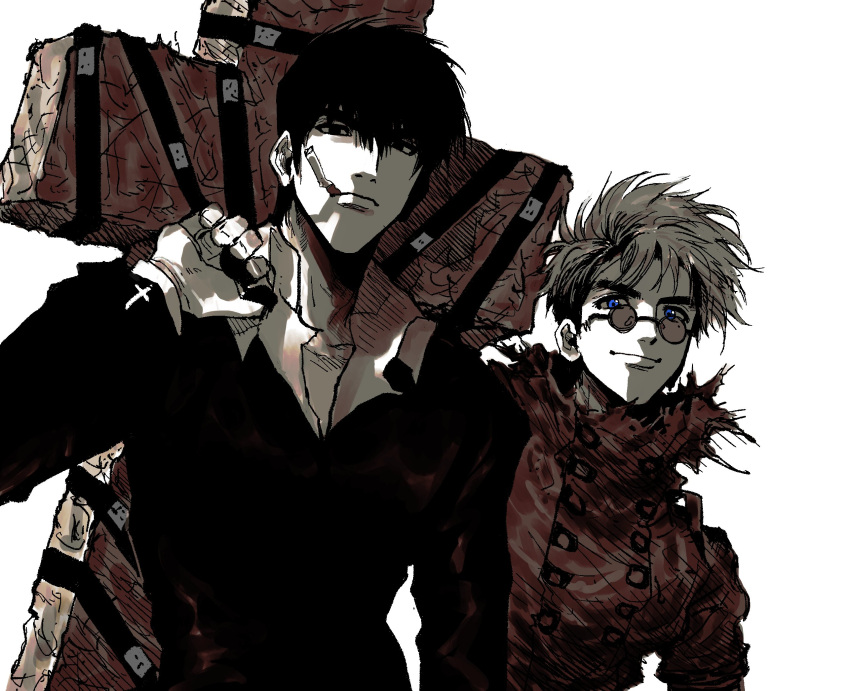 2boys blue_eyes cigarette closed_mouth collared_shirt greyscale hand_up highres jacket large_cross long_sleeves looking_at_viewer male_focus mole mole_under_eye monochrome mouth_hold multiple_boys my_nameisyoon nicholas_d._wolfwood round_eyewear shirt short_hair simple_background smile spot_color trigun upper_body vash_the_stampede