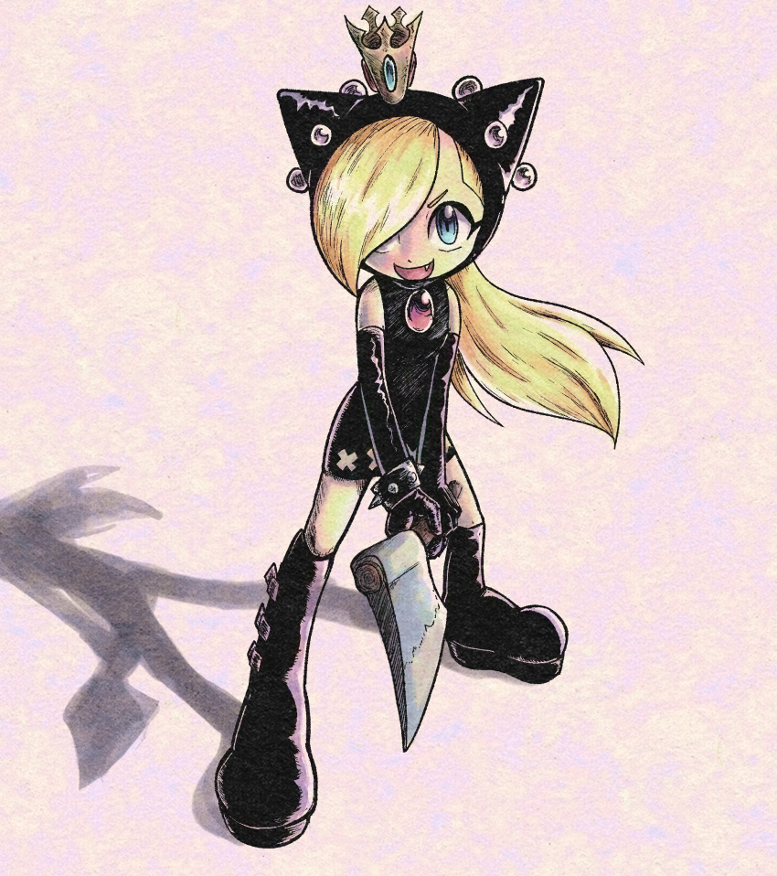 1girl angelfaise axe black_dress black_footwear black_gloves black_headwear blonde_hair blue_eyes boots brooch crown dress elbow_gloves full_body gloves grey_background hair_over_one_eye highres holding holding_axe jewelry knee_boots long_hair looking_at_viewer shadow solo standing super_mario_bros. warupeach