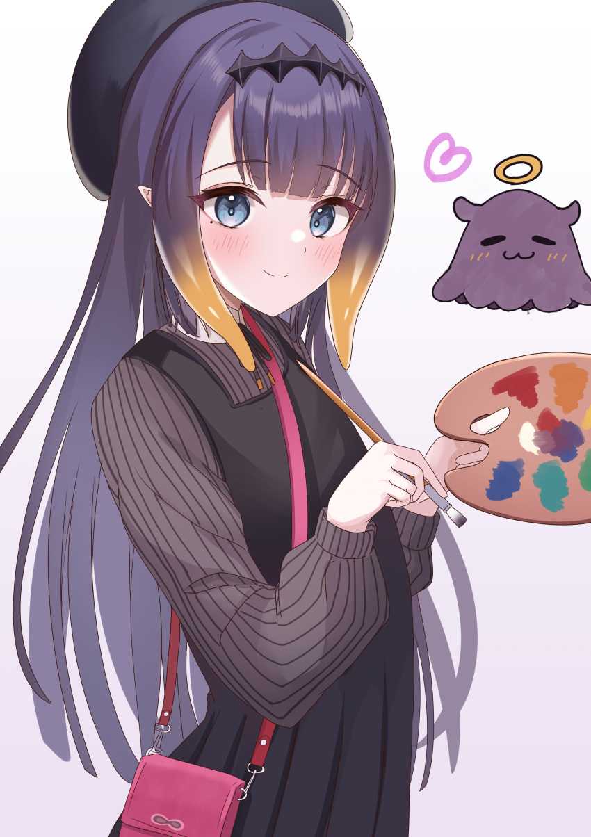 1girl :3 absurdres bag black_dress black_headwear black_shirt blue_eyes blunt_bangs blush closed_mouth creature dress gradient_background gradient_hair halo handbag heart highres holding holding_paintbrush hololive hololive_english long_hair long_sleeves looking_at_viewer mole mole_under_eye multicolored_hair ninomae_ina'nis ninomae_ina'nis_(2nd_costume) onabe_no_shime orange_hair paintbrush palette_(object) pinafore_dress pointy_ears purple_background purple_hair shirt shoulder_bag sidelocks sleeveless sleeveless_dress smile solo_focus split_mouth straight_hair striped striped_shirt takodachi_(ninomae_ina'nis) tentacle_hair vertical-striped_shirt vertical_stripes very_long_hair virtual_youtuber white_background