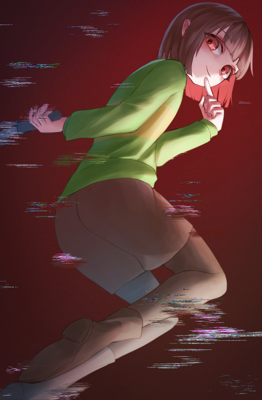 1other absurdres arms_behind_back blunt_bangs blunt_ends blush bob_cut boots brown_footwear brown_hair brown_shorts chara_(undertale) closed_mouth colored_inner_hair commentary finger_to_mouth from_behind from_side glitch gradient_background green_sweater hasukappu highres holding holding_knife holding_weapon index_finger_raised jumping knife light_smile looking_at_viewer looking_back looking_down looking_to_the_side multicolored_hair red_eyes redhead running short_hair shorts single_horizontal_stripe solo standing sweater two-tone_hair undertale weapon weapon_behind_back yellow_sweater