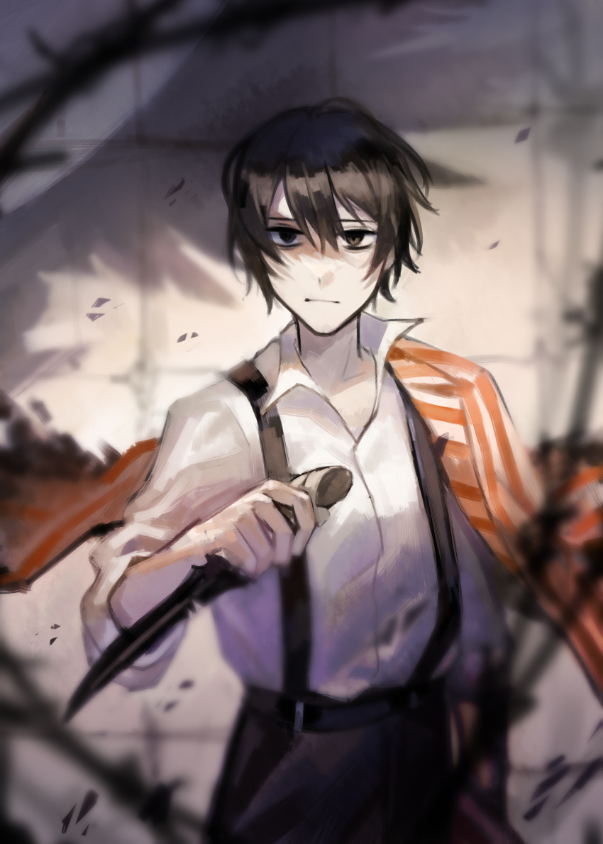 1boy absurdres barbed_wire black_eyes black_hair closed_mouth coat coat_on_shoulders cowboy_shot dagger e.g.o_(project_moon) hand_up highres holding holding_dagger holding_knife holding_weapon huanxue indoors knife limbus_company long_sleeves looking_at_viewer prison_cell project_moon shirt solo suspenders weapon white_shirt yi_sang_(project_moon)