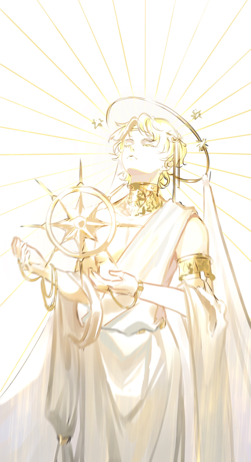1boy absurdres armlet arms_up blonde_hair chinese_commentary choker circle_of_inevitability closed_eyes commentary_request eternal_blazing_sun halo highres light light_rays lord_of_the_mysteries outstretched_arms qingguomdashmochamdashcattouxiangkong robe short_hair solo spread_arms sun_symbol sunbeam sunlight tiara white_background white_robe yellow_choker