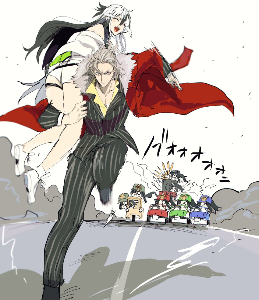 1boy 1girl black_hair carrying carrying_person chasing coat driving dust_cloud fate/grand_order fate_(series) grey_eyes grey_hair highres iriya_(lonesome) jacket laughing mini_nobu_(fate) multicolored_hair nagao_kagetora_(fate) red_coat running shorts shoulder_carry striped_suit suit takeda_shingen_(fate) two-tone_hair white_hair white_jacket white_shorts