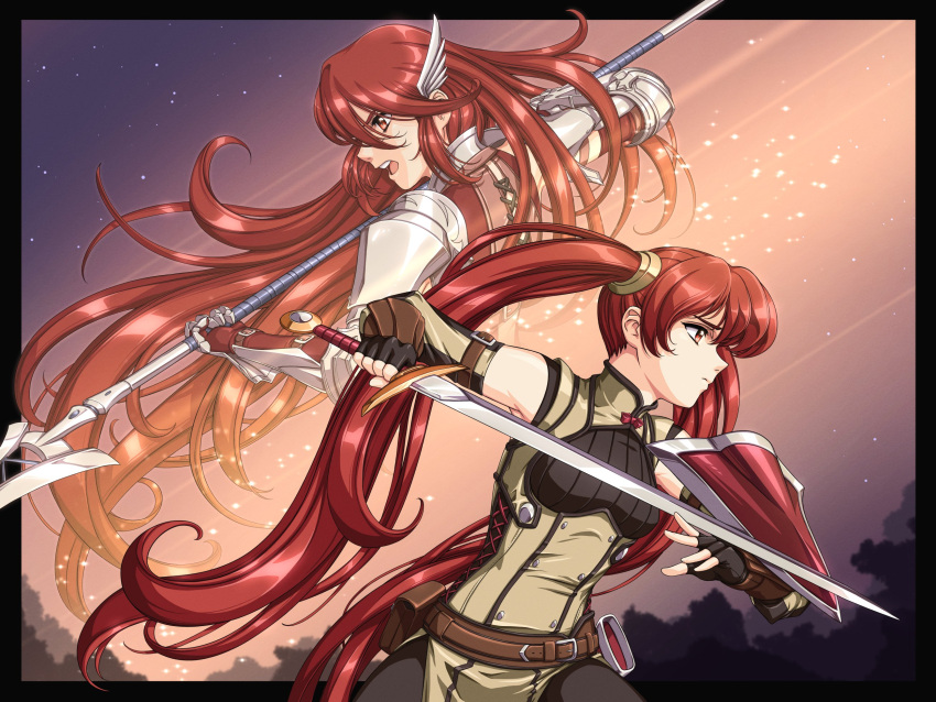1990s_(style) 2girls armor black_border black_gloves border breasts commentary_request cordelia_(fire_emblem) detached_sleeves fingerless_gloves fire_emblem fire_emblem_awakening gloves head_wings highres holding holding_polearm holding_sword holding_weapon long_hair mother_and_daughter multiple_girls night night_sky open_mouth polearm red_eyes redhead retro_artstyle severa_(fire_emblem) sirknightbot sky star_(sky) sword teeth twintails upper_teeth_only weapon wings