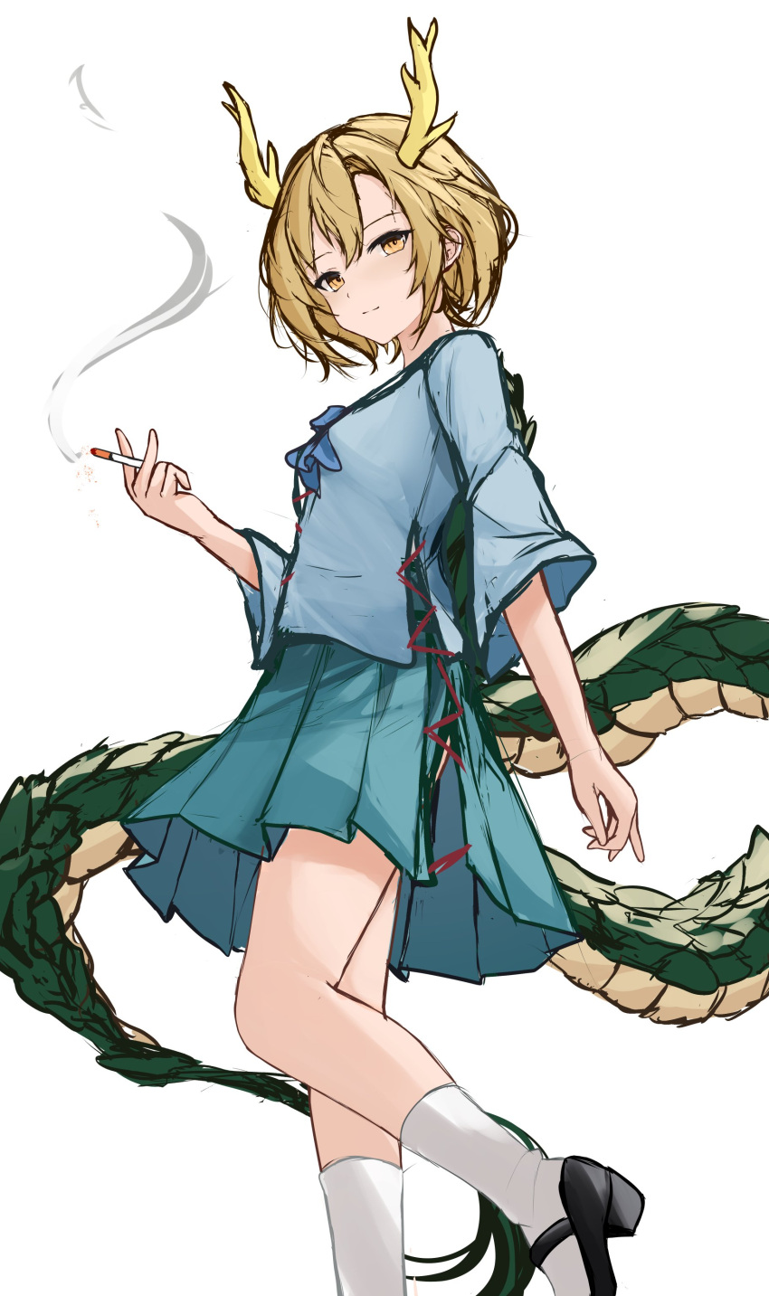 1girl absurdres black_footwear blonde_hair blue_shirt closed_mouth dragon_girl dragon_tail from_side green_skirt high_heels highres kicchou_yachie looking_at_viewer orchid_(orukido) shirt short_sleeves simple_background skirt socks solo tail touhou white_background white_socks yellow_eyes