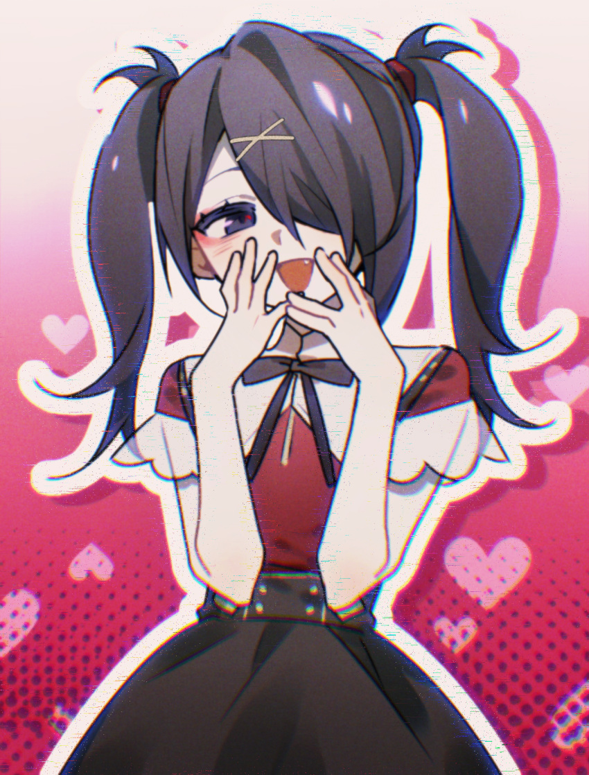 1girl ame-chan_(needy_girl_overdose) black_hair black_ribbon black_skirt collared_shirt doedk_1 drop_shadow fang hair_ornament hair_over_one_eye hair_tie hands_on_own_cheeks hands_on_own_face hands_up heart highres long_hair looking_at_viewer neck_ribbon needy_girl_overdose open_mouth outline pink_background red_shirt ribbon shirt shirt_tucked_in skirt smile solo suspender_skirt suspenders twintails violet_eyes white_outline x_hair_ornament