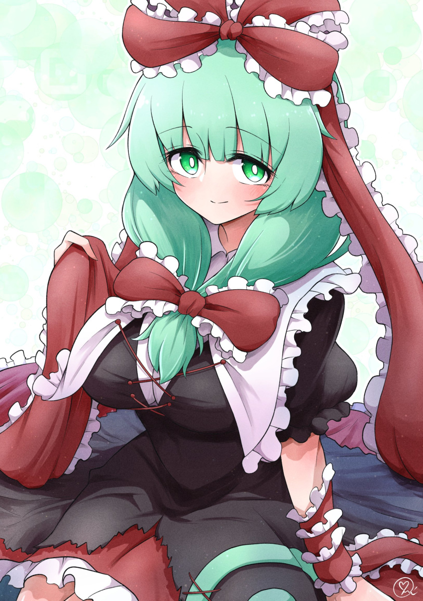 1girl black_dress blunt_bangs blush bow breasts clothes_lift collar commentary_request dress frilled_bow frilled_collar frilled_dress frilled_ribbon frills front_ponytail green_background green_eyes green_hair hair_bow highres kagiyama_hina large_breasts looking_at_viewer medium_hair puffy_short_sleeves puffy_sleeves red_dress red_ribbon ribbon scavia10 short_sleeves signature sitting smile solo touhou two-tone_dress upper_body wrist_ribbon