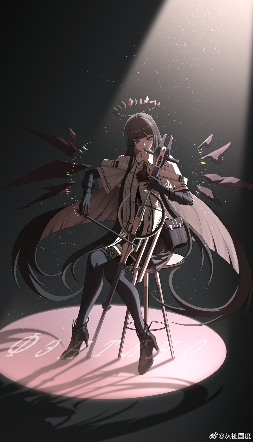 1girl absurdly_long_hair absurdres antenna_hair arknights artist_name ascot belt belt_buckle belt_pouch black_ascot black_belt black_bustier black_footwear black_garter_straps black_gloves black_hair black_halo black_pouch black_skirt black_thighhighs black_wings blunt_bangs bow_(music) breasts bright_pupils broken_halo buckle bustier cello chinese_commentary chinese_text closed_mouth collared_jacket colored_inner_hair commentary_request dark_halo detached_wings dress_shirt drop_shadow energy_wings eyelashes floating_hair from_side full_body garter_straps gloves gradient_background grey_background grey_eyes grey_hair grey_shirt halo hands_up head_tilt high_heels highres hime_cut holding holding_bow_(music) holding_instrument holding_violin instrument invisible_floor jacket layered_sleeves legs legs_together light_particles light_smile lips long_hair long_sleeves looking_at_viewer looking_to_the_side miniskirt multicolored_hair music on_stool pale_skin playing playing_instrument pleated_skirt pouch shade shadow shirt short_over_long_sleeves short_sleeved_jacket short_sleeves sidelocks sitting skirt solo spotlight stool straight_hair strappy_heels thigh-highs two-tone_hair very_long_hair violin virtuosa_(arknights) watermark weibo_7626794166 weibo_logo weibo_username white_belt white_jacket white_pupils wide_sleeves wing_collar wings wooden_stool zettai_ryouiki