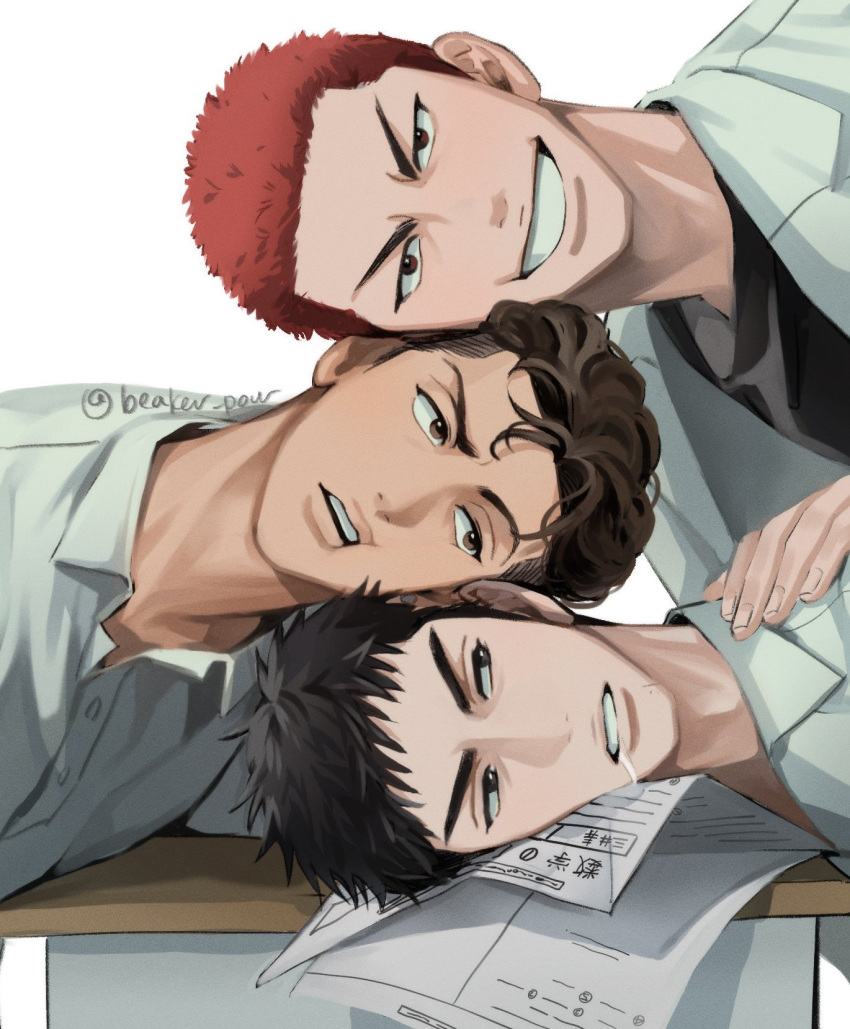 3boys beaker_pour bishounen black_eyes black_shirt brown_eyes brown_hair buzz_cut dark-skinned_male dark_skin desk drooling earrings hand_on_another's_shoulder highres human_stacking jewelry looking_at_another looking_at_viewer male_focus mitsui_hisashi miyagi_ryouta mouth_drool multiple_boys open_clothes open_mouth open_shirt paper redhead school_desk shirt short_hair slam_dunk_(series) smile stud_earrings toned toned_male undercut upper_body very_short_hair wavy_hair white_background white_shirt