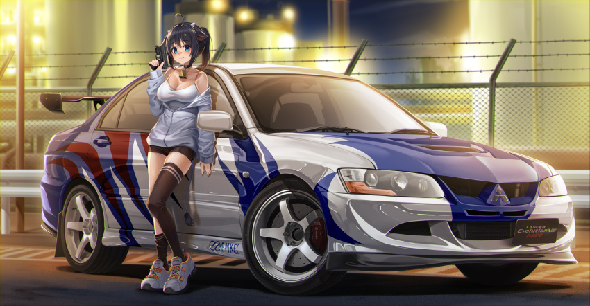 1girl absurdres animal_ears bell black_hair black_thighhighs blue_eyes camisole car choker commission cow_ears cow_horns cowbell enpera_(jdud8375) gun h&amp;k_p30 handgun highres holding holding_gun holding_weapon hood hoodie horns industrial leaning_against_vehicle mitsubishi_lancer_evolution motor_vehicle need_for_speed need_for_speed:_most_wanted_(2005) oil_silo original outdoors partially_unzipped ponytail single_thighhigh skindentation solo thigh-highs trigger_discipline weapon white_camisole white_hoodie