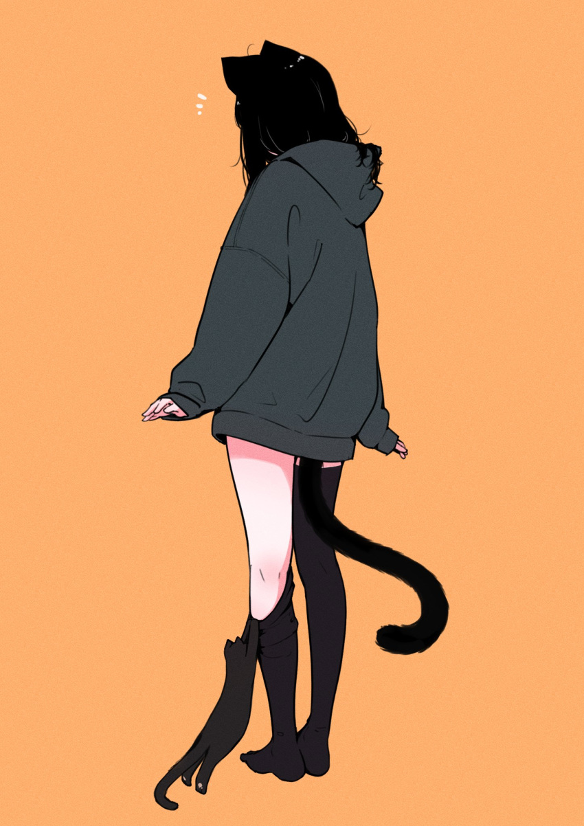 1girl animal_ear_fluff animal_ears black_cat black_hair black_hoodie black_thighhighs cat cat_ears cat_girl cat_tail commentary_request facing_away from_behind full_body highres hood hood_down hoodie long_hair long_sleeves megateru no_shoes notice_lines orange_background original puffy_long_sleeves puffy_sleeves pulled_by_another simple_background sleeves_past_wrists solo standing tail thigh-highs thighhighs_pull