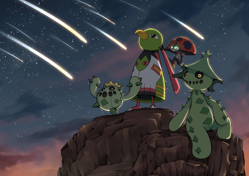 absurdres black_eyes bright_pupils cacnea cacturne closed_mouth clouds commentary_request from_below highres looking_up meteor_shower night no_humans orbeetle outdoors pokemon pokemon_(creature) q-chan sitting sky star_(sky) white_pupils xatu