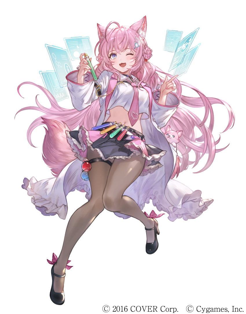 1girl :3 absurdres ahoge animal_ears blush crop_top fang granblue_fantasy hakui_koyori high_heels highres hololive kokoro_(hakui_koyori) lab_coat looking_at_viewer navel official_art one_eye_closed open_mouth pink_hair pumps skirt smile solo tail test_tube violet_eyes wolf_ears wolf_tail