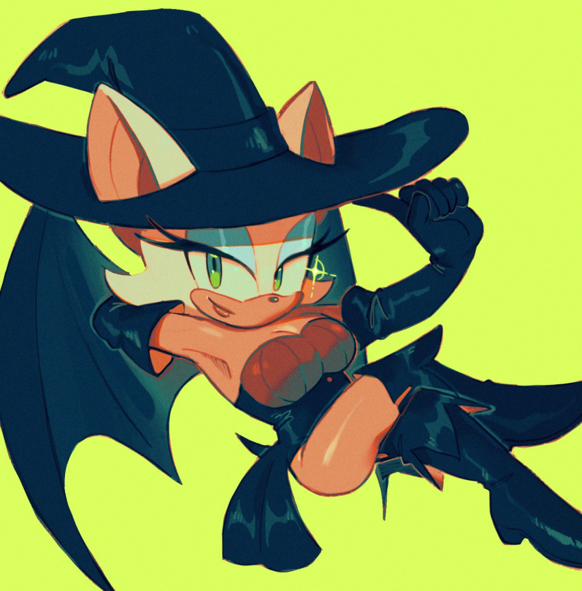 1girl animal_ears arm_behind_head bat_ears bat_girl bat_wings blue_eyeshadow boots elbow_gloves eyelashes eyeshadow gloves green_background green_eyes halloween_costume hand_on_headwear hat highres knee_boots looking_at_viewer makeup ochibrochi rouge_the_bat simple_background smile sonic_(series) sparkle white_fur wings witch_hat