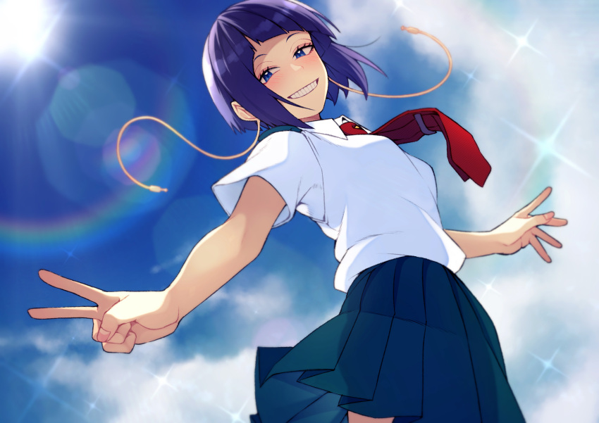 1girl absurdres audio_jack blue_eyes blue_skirt blue_sky blunt_bangs blunt_ends blurry blush bob_cut bokeh boku_no_hero_academia breasts clouds commentary depth_of_field eyelashes floating_clothes floating_hair floating_neckwear from_below grin highres inverted_bob jirou_kyouka kobaji lens_flare long_earlobes narrowed_eyes necktie outdoors pleated_skirt purple_hair red_necktie school_uniform shirt short_sleeves skirt sky small_breasts smile solo sparkle teeth tie_clip u.a._school_uniform v white_shirt