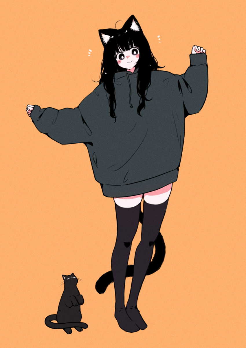 1girl animal_ear_fluff animal_ears black_cat black_hair black_hoodie black_thighhighs blush_stickers cat cat_ears cat_girl cat_tail closed_mouth commentary_request full_body hands_up highres hood hood_down hoodie long_hair long_sleeves megateru no_shoes orange_background original puffy_long_sleeves puffy_sleeves simple_background sleeves_past_wrists smile solo standing tail thigh-highs