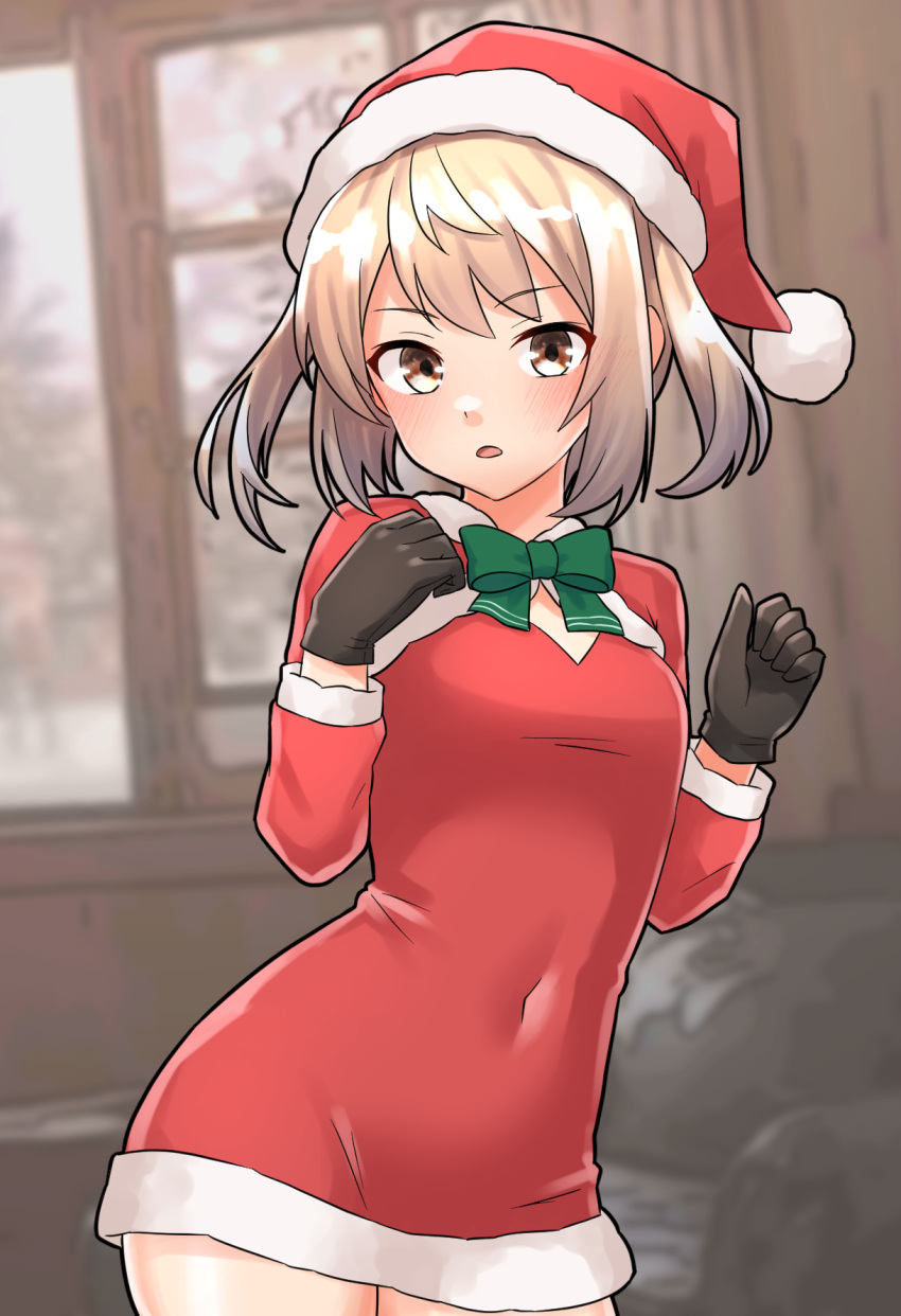 1girl black_gloves breasts dress fur-trimmed_dress fur-trimmed_headwear fur-trimmed_sleeves fur_trim furaggu_(frag_0416) gloves hat highres kantai_collection light_brown_hair long_sleeves michishio_(kancolle) red_dress red_headwear santa_costume santa_dress santa_hat short_dress short_twintails shrug_(clothing) small_breasts solo twintails yellow_eyes