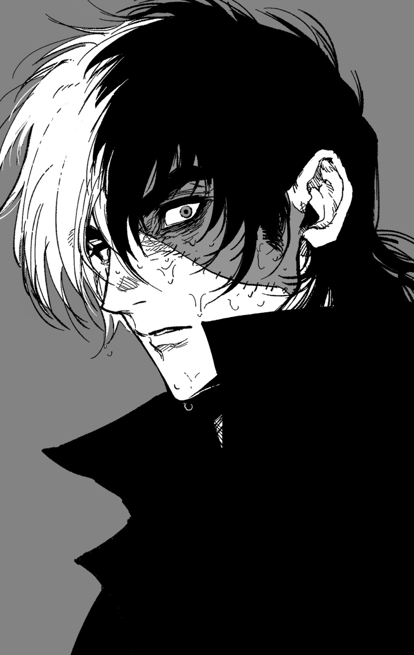 1boy black_jack_(character) black_jack_(series) greyscale highres looking_at_viewer male_focus monochrome multicolored_hair my_nameisyoon parted_lips patchwork_skin scar scar_on_face short_hair sideburns simple_background solo split-color_hair stitched_face stitches two-tone_hair upper_body wet_face