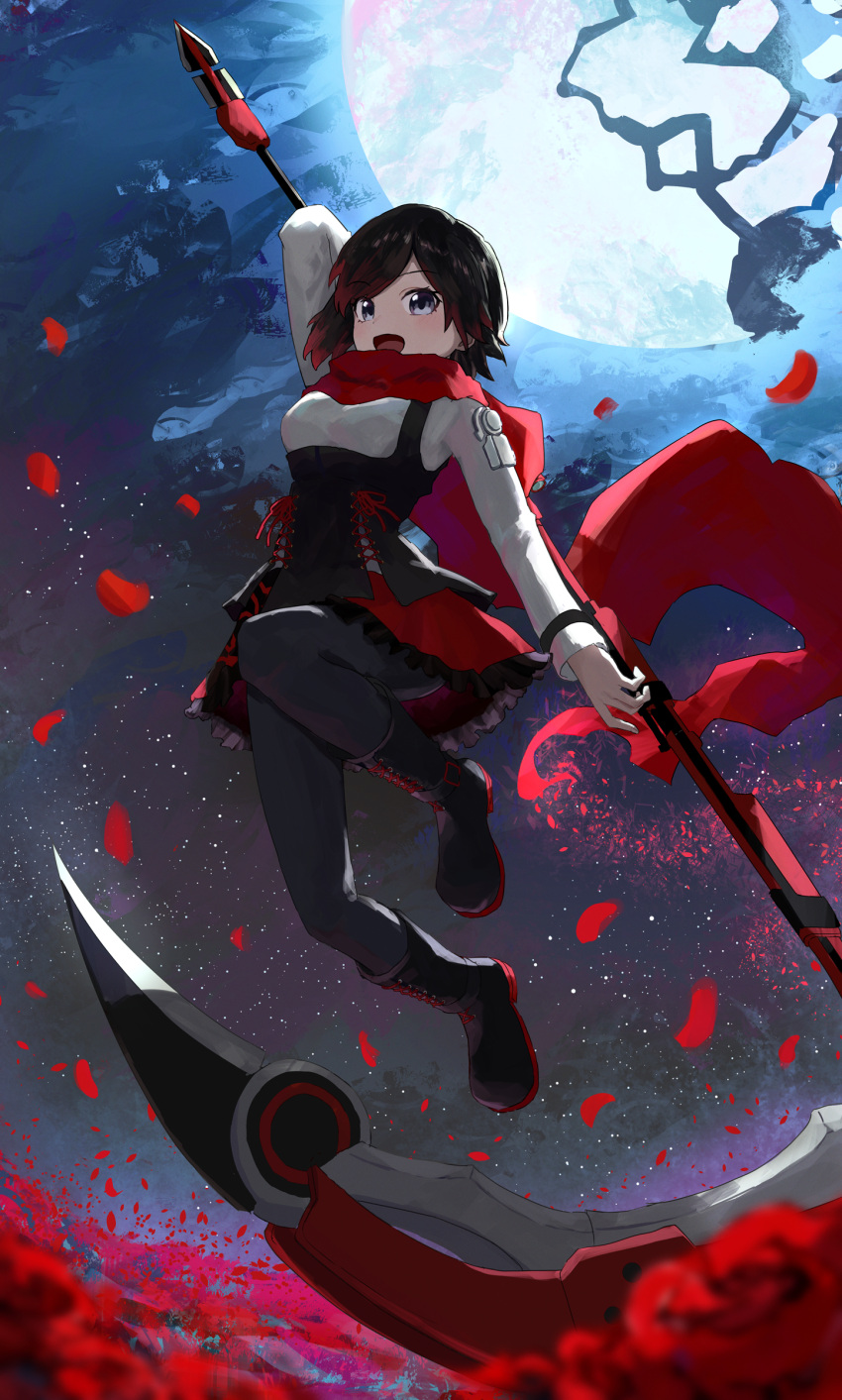 1girl absurdres black_footwear black_hair boots cape crescent_rose falling_petals frilled_skirt frills gradient_hair grey_eyes highres holding holding_scythe holding_weapon jumping knee_up moon multicolored_hair night night_sky open_mouth petals red_cape redhead rose_petals ruby_rose rwby ryoha_kosako scythe short_hair skirt sky solo star_(sky) starry_sky weapon