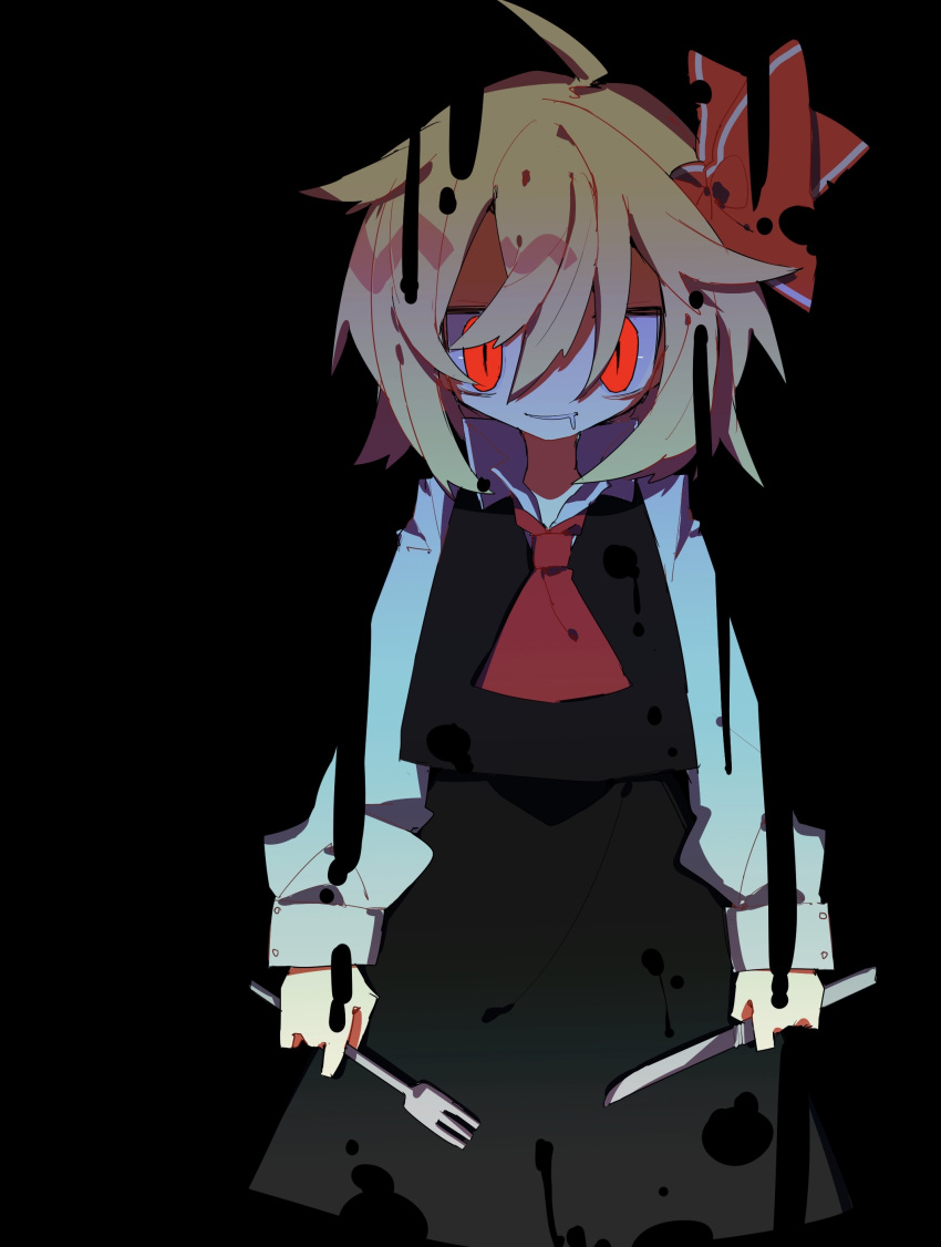 absurdres black_background black_skirt black_vest blonde_hair collared_shirt darkness drooling fork glowing glowing_eyes hair_between_eyes hair_ribbon highres holding holding_fork holding_knife knife long_sleeves medium_hair mouth_drool neckerchief red_eyes red_neckerchief red_ribbon ribbon rumia saliva shaded_face shirt simple_background skirt sleeves_past_wrists slit_pupils smile so_happy_64 spiky_hair teeth touhou vest white_shirt