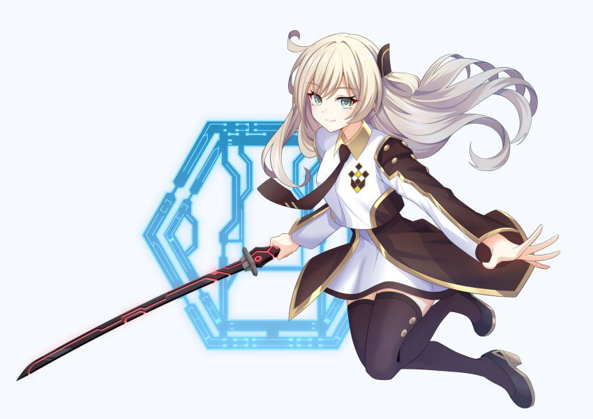 1girl akizawa black_necktie blonde_hair breasts collared_dress dress duel_monster green_eyes highres holding holding_sword holding_weapon long_hair long_sleeves looking_at_viewer necktie open_hand sky_striker_ace_-_raye solo sword thigh-highs two-tone_dress weapon white_background yu-gi-oh!