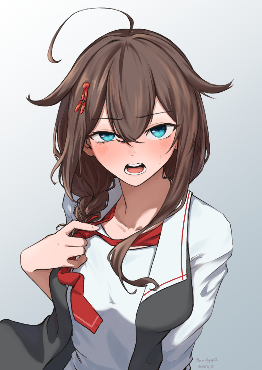 1girl absurdres ahoge black_vest blue_eyes braid brown_hair crossed_bangs dated hair_between_eyes hair_flaps hair_ornament hair_over_shoulder hairpin highres kantai_collection looking_at_viewer loose_necktie necktie official_alternate_costume open_mouth red_necktie shigure_(kancolle) shigure_kai_ni_(kancolle) shirt simple_background solo twitter_username umibudou upper_body vest white_shirt
