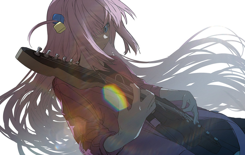 1girl backlighting black_shirt blue_eyes bocchi_the_rock! closed_mouth cowboy_shot cube_hair_ornament floating_hair gotoh_hitori guitar hair_bobbles hair_ornament hair_over_one_eye highres holding holding_guitar holding_instrument instrument jacket lens_flare long_hair looking_at_viewer music one_eye_covered one_side_up open_clothes open_jacket pink_hair pink_jacket playing_instrument shirt sidelocks simple_background sleeves_pushed_up solo very_long_hair white_background xoxzxox