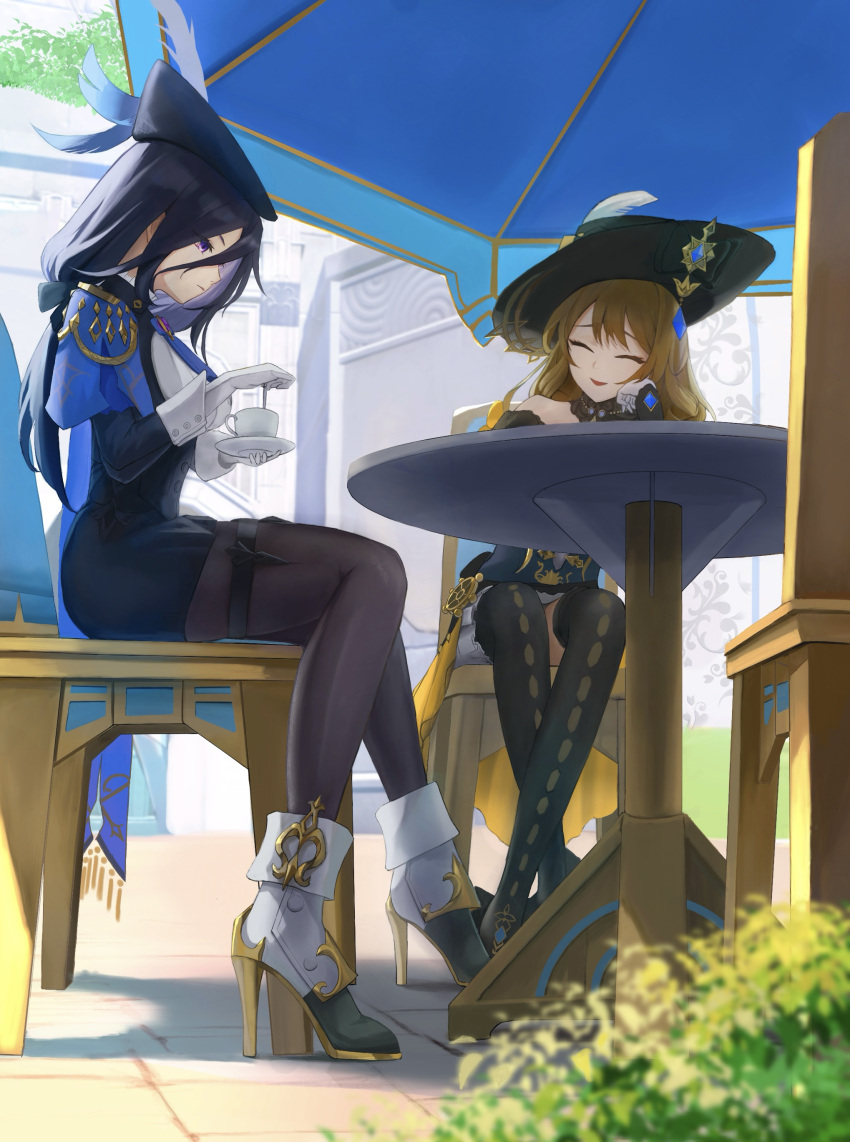 2girls absurdres ankle_boots black_bow black_corset black_headwear black_pantyhose black_skirt black_thighhighs blonde_hair blue_cape blue_hair blue_headwear blurry blurry_foreground boots bow breasts cape clorinde_(genshin_impact) closed_mouth commentary_request corset crossed_legs cup dark_blue_hair detached_collar dress elbow_gloves epaulettes fold-over_gloves framed_breasts genshin_impact gloves hair_between_eyes hair_bow haruhachiya hat hat_feather hat_ornament head_rest high-waist_skirt high_heel_boots high_heels highres holding holding_cup holding_spoon large_breasts long_hair low_ponytail multiple_girls navia_(genshin_impact) on_chair outdoors pantyhose parasol pencil_skirt shirt sitting skirt smile spoon strapless strapless_dress taut_clothes taut_shirt teacup thigh-highs thigh_strap tricorne umbrella violet_eyes vision_(genshin_impact) white_footwear white_gloves white_shirt