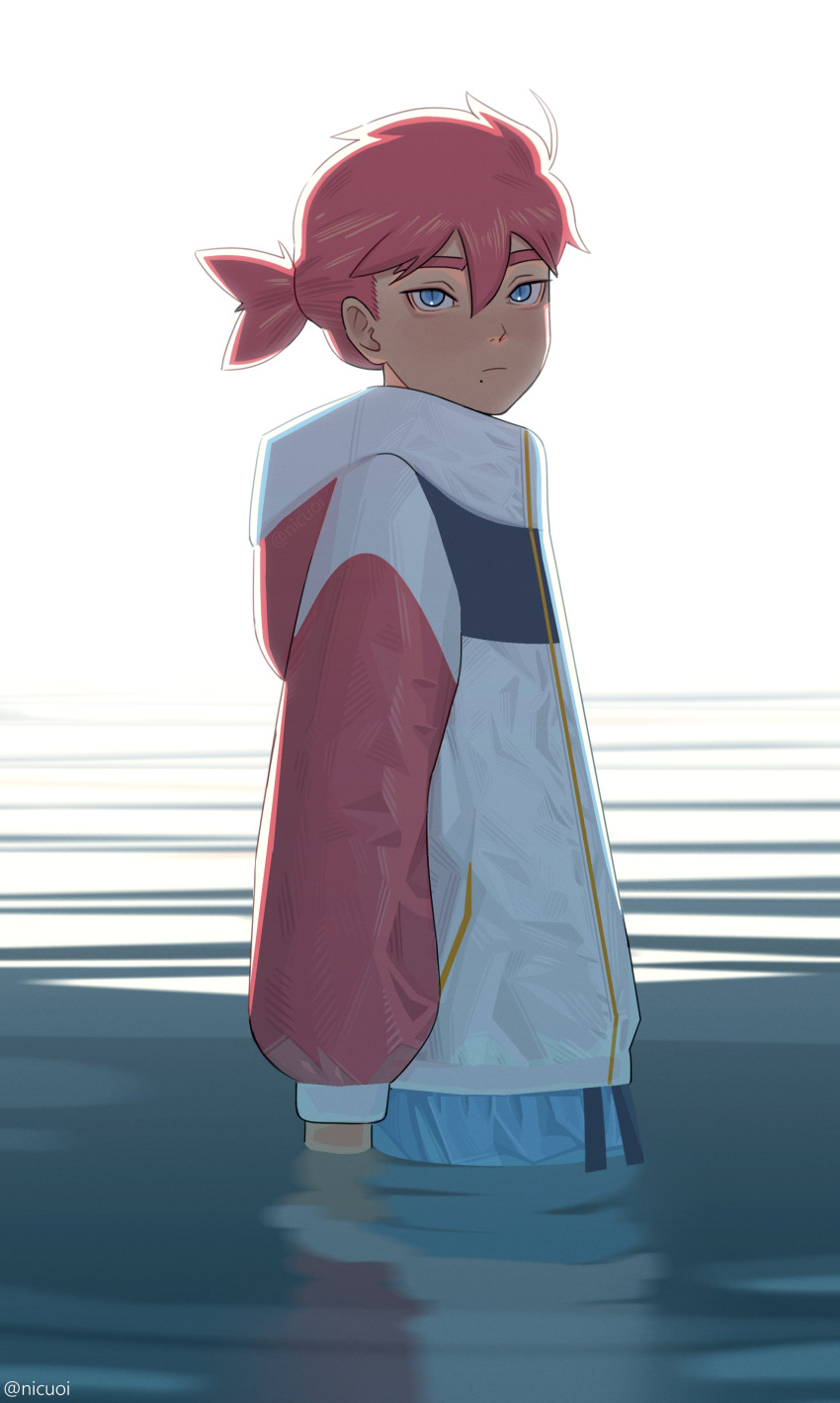 1boy absurdres blue_eyes commentary expressionless from_side highres jacket looking_at_viewer male_focus mole mole_under_mouth multicolored_clothes multicolored_jacket nicuoi original partially_submerged redhead short_ponytail solo symbol-only_commentary twitter_username two-tone_jacket water white_jacket