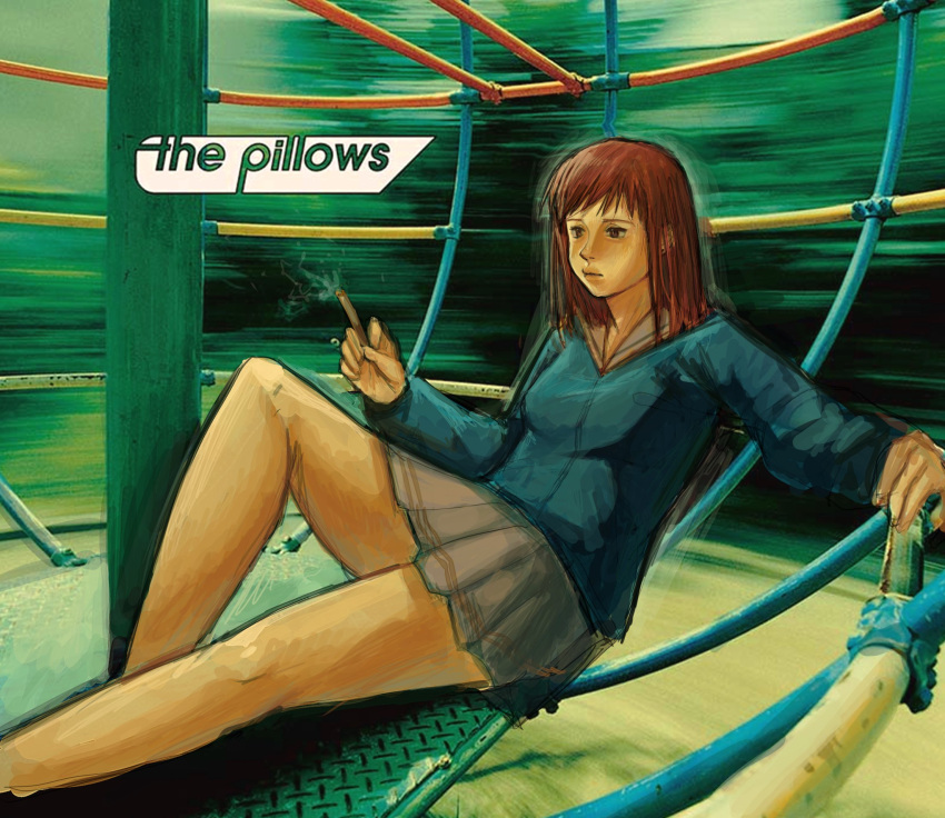 1girl breasts cigarette flcl grey_skirt highres legs lips photo-referenced photo_background redhead samejima_mamimi skirt skyco_software solo the_pillows