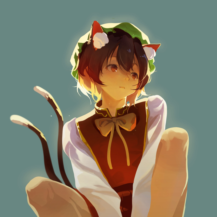 1girl animal_ears bow bowtie brown_eyes brown_hair cat_ears cat_girl cat_tail chen green_headwear hat highres knees_up long_sleeves looking_to_the_side mob_cap multiple_tails nekomata parted_lips short_hair simple_background solo tail touhou two_tails user_srce2338 yellow_bow yellow_bowtie