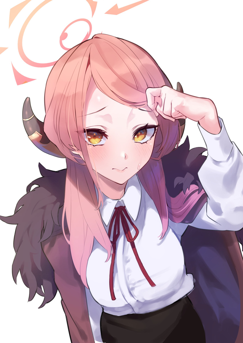 absurdres adjusting_hair aru_(blue_archive) black_horns black_jacket black_skirt blue_archive blush breasts closed_mouth collared_shirt commentary_request demon_girl demon_horns embarrassed forehead fur-trimmed_jacket fur_trim highres horns jacket jacket_on_shoulders leaning_forward lips long_hair long_sleeves looking_at_viewer medium_breasts medium_hair neck_ribbon orange_hair pink_hair red_ribbon ribbon shirt simple_background skirt sutora_binsuke sweat swept_bangs white_background white_shirt yellow_eyes