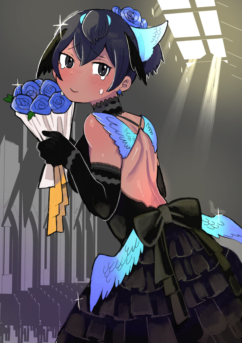 1girl absurdres alternate_costume alternate_hairstyle back back_bow backless_dress backless_outfit bare_back bare_shoulders bird_wings black_bow black_dress black_eyes black_gloves black_hair blush bouquet bow crying crying_with_eyes_open dark-skinned_female dark_skin double-parted_bangs dress earrings elbow_gloves flower from_side furrowed_brow gloves hair_between_eyes hair_flower hair_ornament hands_up head_wings highres holding holding_bouquet igarashi_(nogiheta) indoors jewelry kemono_friends leaning_forward looking_at_viewer median_furrow shoulder_blades sleeveless sleeveless_dress smile solo superb_bird-of-paradise_(kemono_friends) tears wings