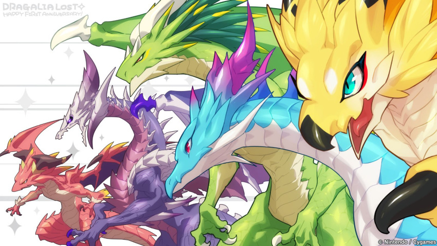 2girls 3boys anniversary black_sclera blue_eyes brunhilda_(dragalia_lost) claws colored_sclera commentary_request copyright_name dragalia_lost dragon dragon_horns dragon_tail dragon_wings from_side happy_anniversary highres horns jupiter_(dragalia_lost) looking_to_the_side mercury_(dragalia_lost) midgardsormr_(dragalia_lost) multiple_boys multiple_girls official_art red_eyes tail violet_eyes wings yanagawa_eri zodiark_(dragalia_lost)
