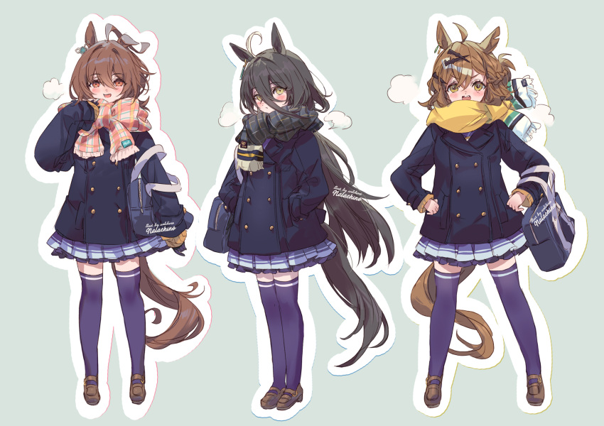 3girls agnes_tachyon_(umamusume) ahoge animal_ears artist_name bag black_hair black_scarf blue_coat brown_footwear brown_hair buttons coat commentary_request double-breasted earrings full_body hair_between_eyes hair_ornament hands_in_pockets hands_on_own_hips highres horse_ears horse_girl horse_tail jewelry jungle_pocket_(umamusume) loafers long_hair manhattan_cafe_(umamusume) multicolored_hair multiple_girls open_mouth plaid plaid_scarf pleated_skirt purple_shirt purple_thighhighs red_eyes scarf shirt shoes short_hair shoulder_bag simple_background single_earring skirt smile streaked_hair tail thigh-highs tracen_winter_coat umamusume welchino white_hair x_hair_ornament yellow_eyes yellow_scarf