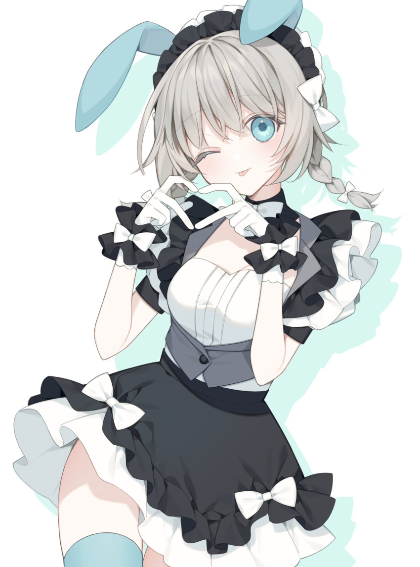 1girl ;p animal_ears black_dress blue_eyes blue_thighhighs bow braid breasts cowboy_shot dress drop_shadow fake_animal_ears frills gloves grey_hair heart heart_hands highres looking_at_viewer maid maid_headdress one_eye_closed original rabbit_ears shadow short_sleeves simple_background skirt smile solo thigh-highs tongue tongue_out twin_braids white_background white_bow white_gloves yachishi_orca