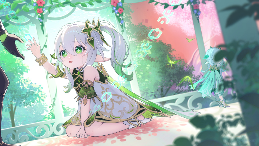 1girl 1other arm_up cape commentary_request cross-shaped_pupils crying dress genshin_impact gradient_hair green_cape green_eyes hair_between_eyes hair_ornament highres leaf_hair_ornament long_hair looking_at_another multicolored_hair nahida_(genshin_impact) no_shoes open_mouth pointy_ears sg_(under_siiiiii) side_ponytail sitting solo_focus stirrup_footwear symbol-shaped_pupils tree wariza white_dress white_hair