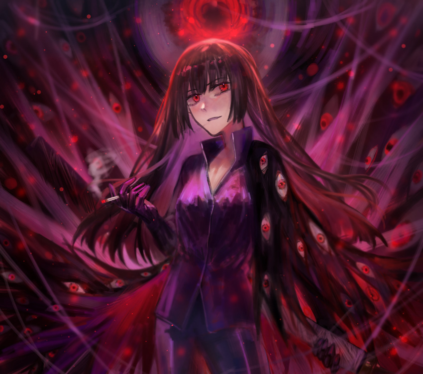1girl absurdres black_cape black_hair bodysuit cape cigarette colored_inner_hair e.g.o_(project_moon) extra_eyes gloves highres holding holding_weapon huanxue jacket limbus_company long_hair looking_at_viewer multicolored_hair ootachi project_moon purple_bodysuit purple_gloves purple_jacket red_eyes ryoshu_(project_moon) sheath sheathed silk smoke solo spider_bud spider_web very_long_hair weapon